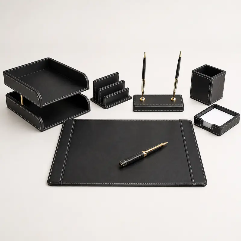 black_leather_desk_organizer_set ست رومیزی تبلیغاتی - تصویر 1