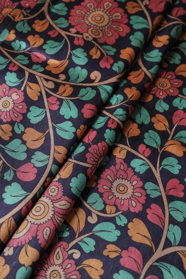 prints navy blue and pink floral pattern digital print on mulberry silk fabric 39137925857534