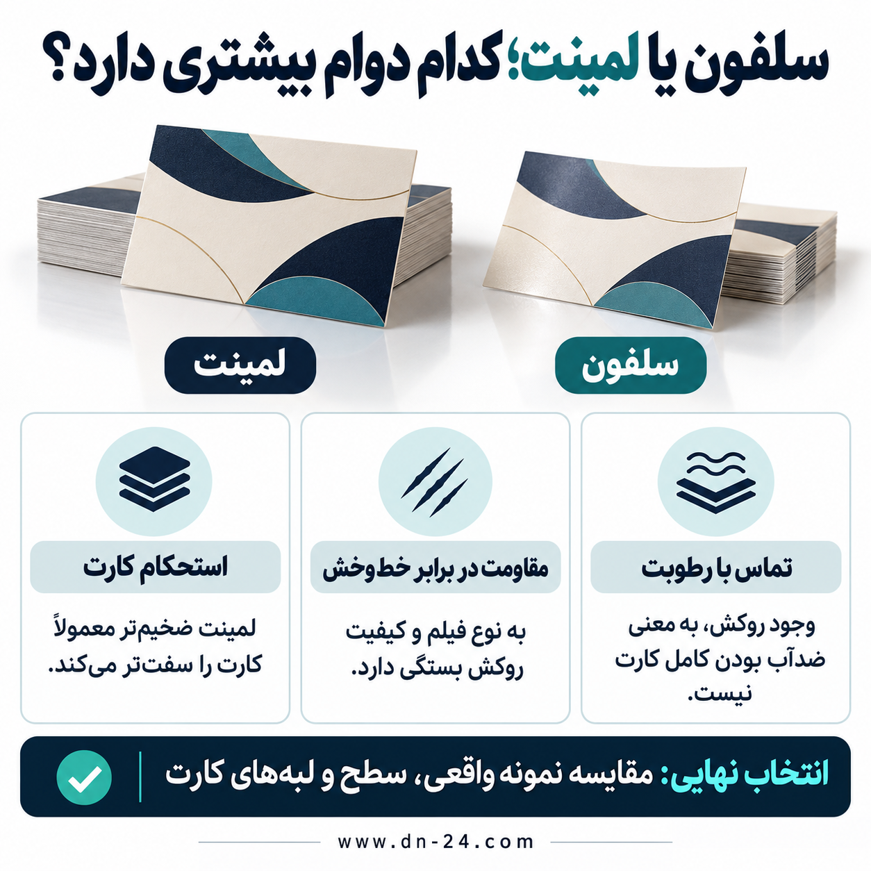 تفاوت کارت ویزیت سلفون و لمینت؛ راهنمای انتخاب روکش مناسب 3 سلفون یا لمینت؛ کدام دوام بیشتری دارد؟